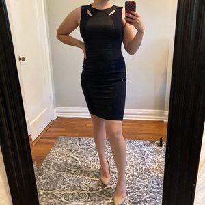 Caché navy blue sheath dress with front and back cutouts, size 2